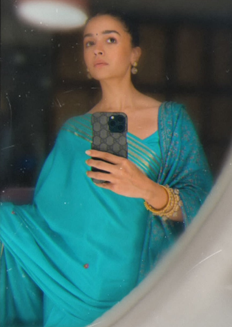 Buy Bollywood Alia Bhatt Blue Silk Satin Trending Georgette Saree Online in  India - Etsy